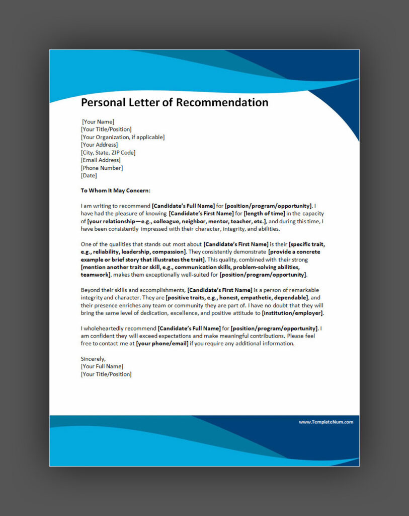 Personal Letter of Recommendation Template
