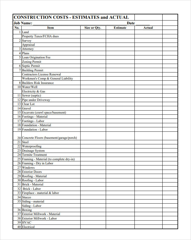 Printable Construction Cost Estimate Template Printable Construction Cost Estimate Template