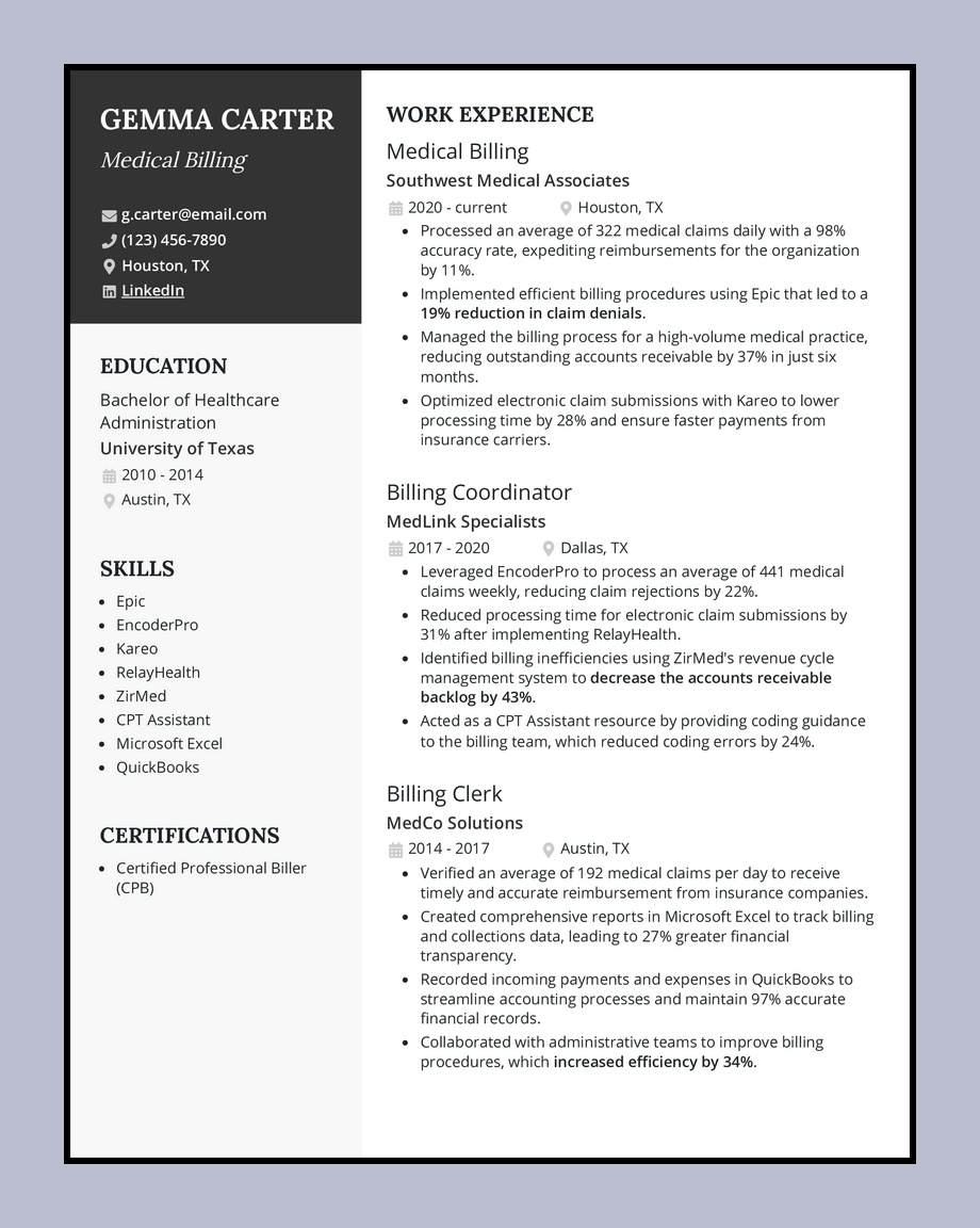 Resume Template for Medical Billing Example Resume Template for Medical Billing Example