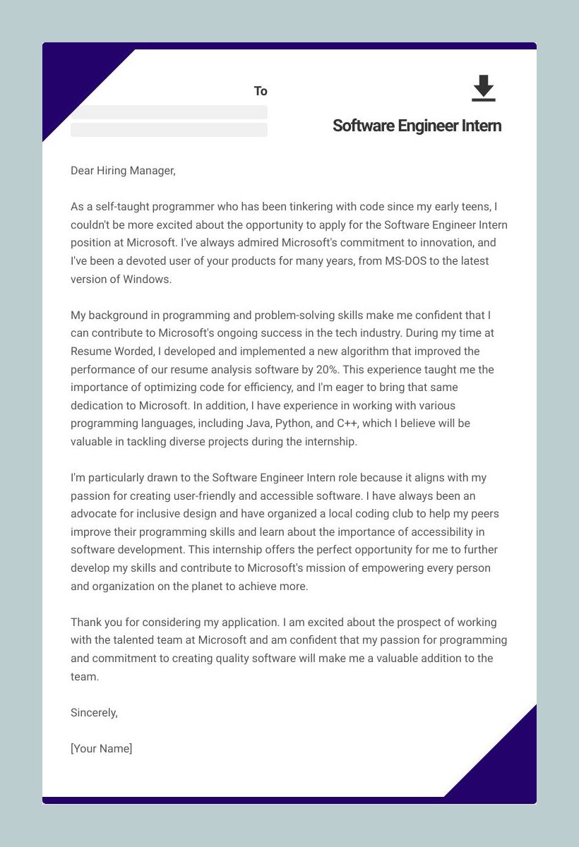 Sample Software Engineer Internship Cover Letter Template Sample Software Engineer Internship Cover Letter Template