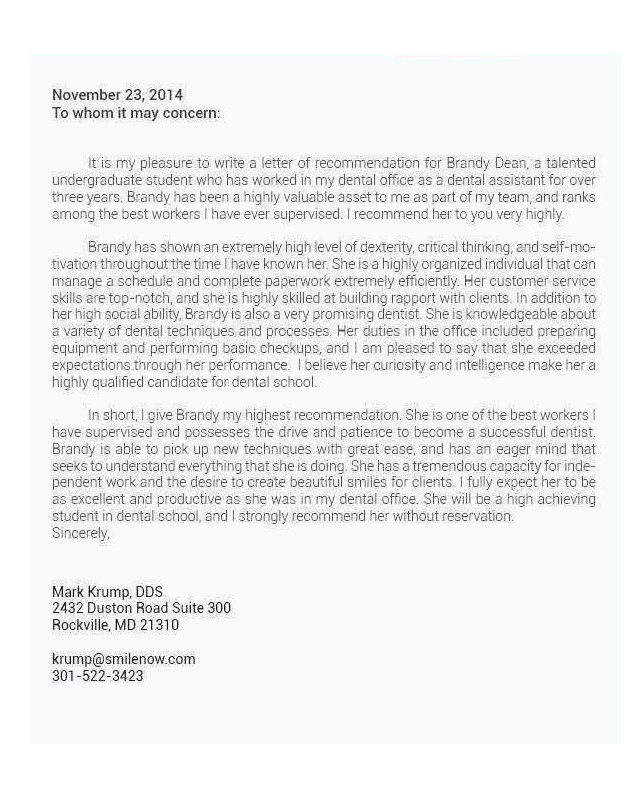Sample of Dental School Letter of Recommendation Template Sample of Dental School Letter of Recommendation Template