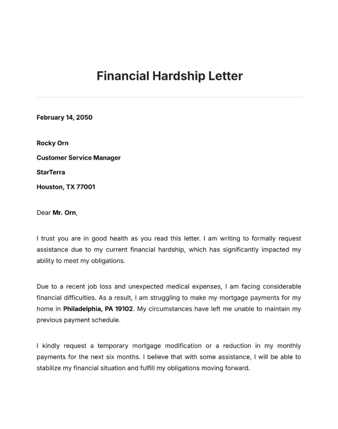 Sample of Financial Hardship Letter Template Sample of Financial Hardship Letter Template