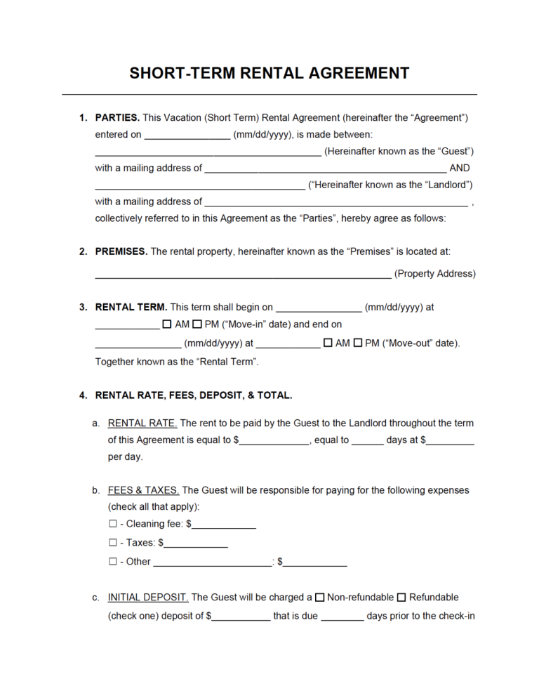 Short Term Lease Agreement Template