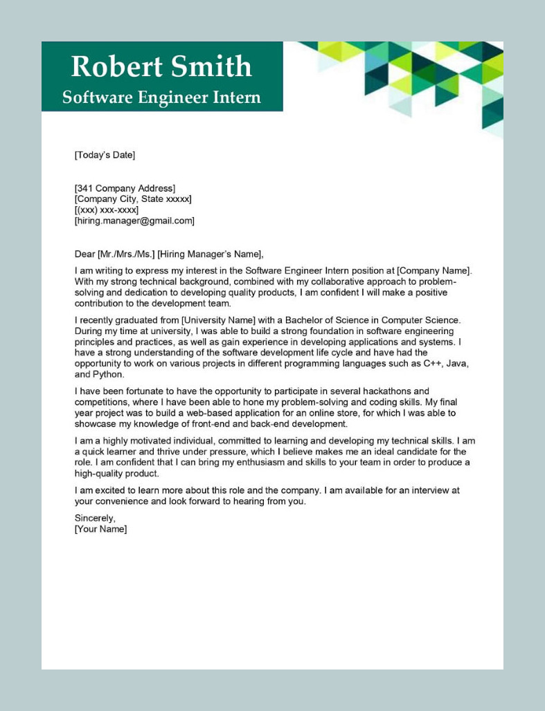 Software Engineer Internship Cover Letter Template Sample Software Engineer Internship Cover Letter Template Sample