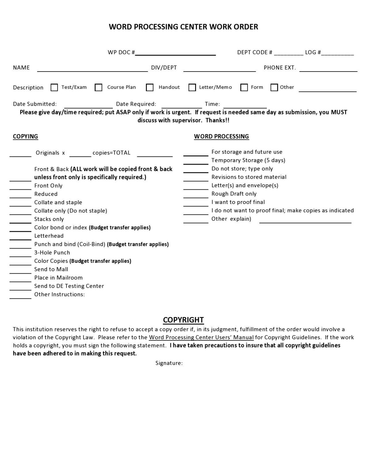 Free Printable Work Order Template