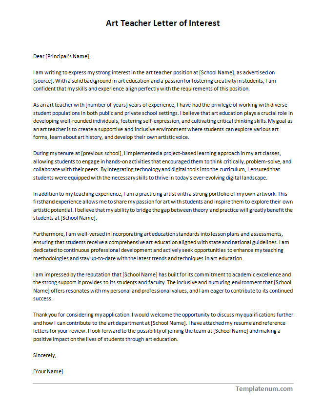 Optimized layout and structure of a art teacher letter of interest template for better readability