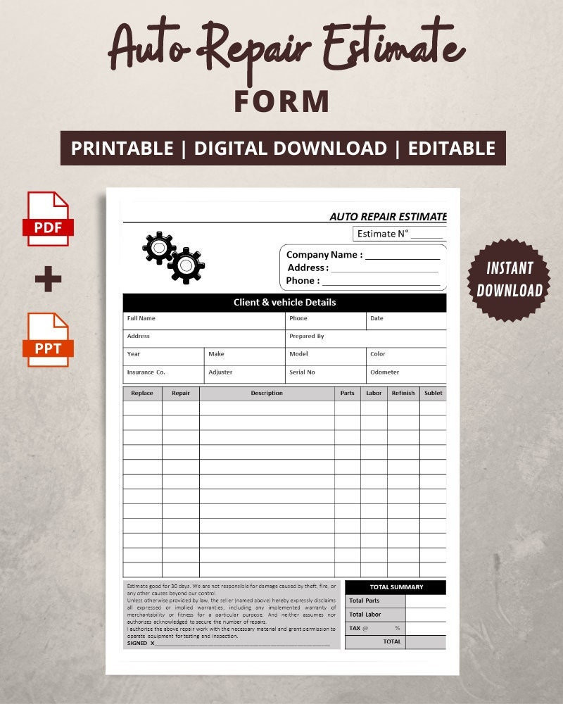 Printable Mechanic Estimate Template