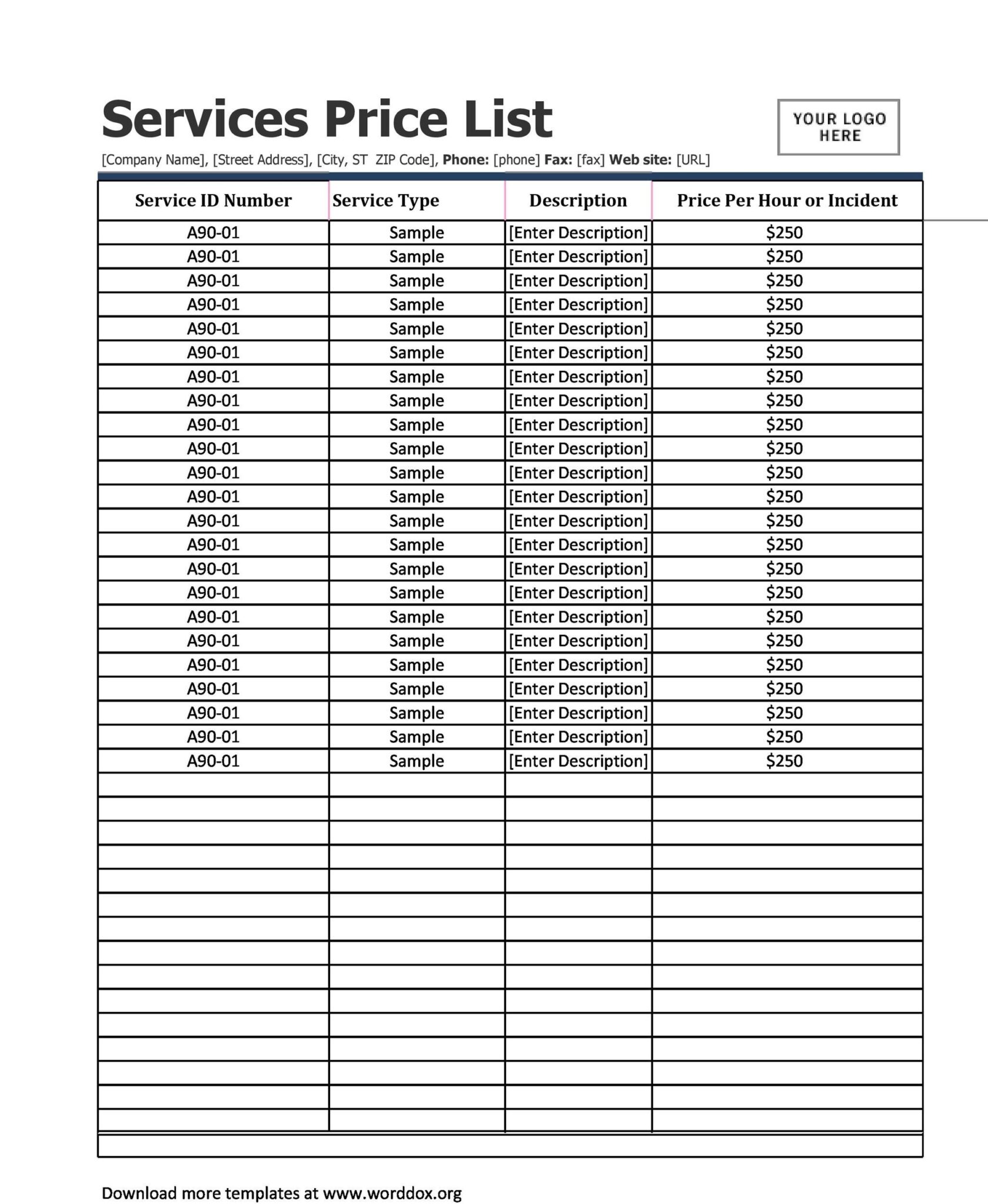 Business Price List Template