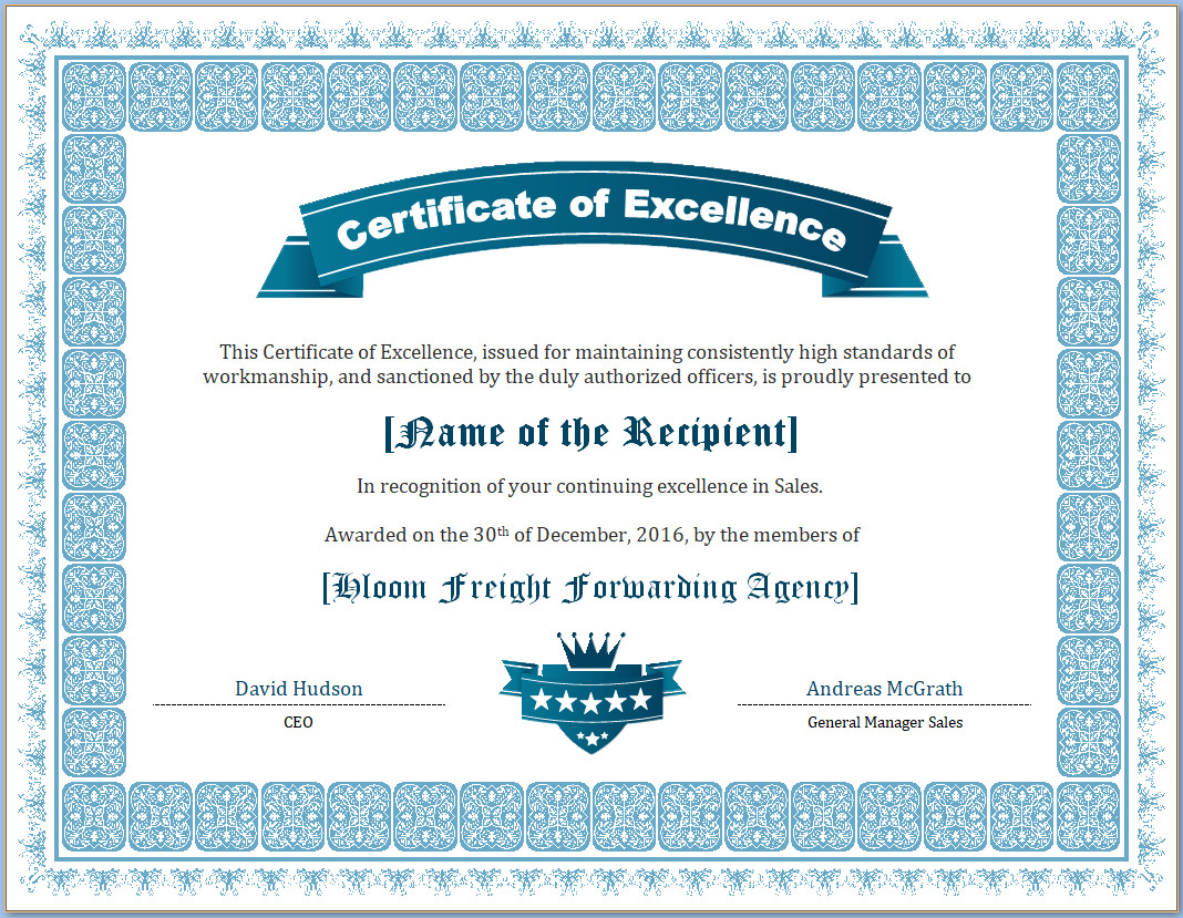 certificate of excellence template certificate of excellence template