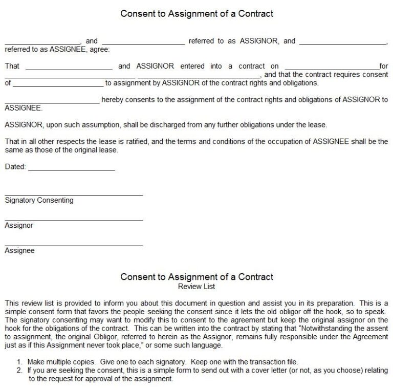 Contract Assignment Language Assignment of Contract Form (Word)