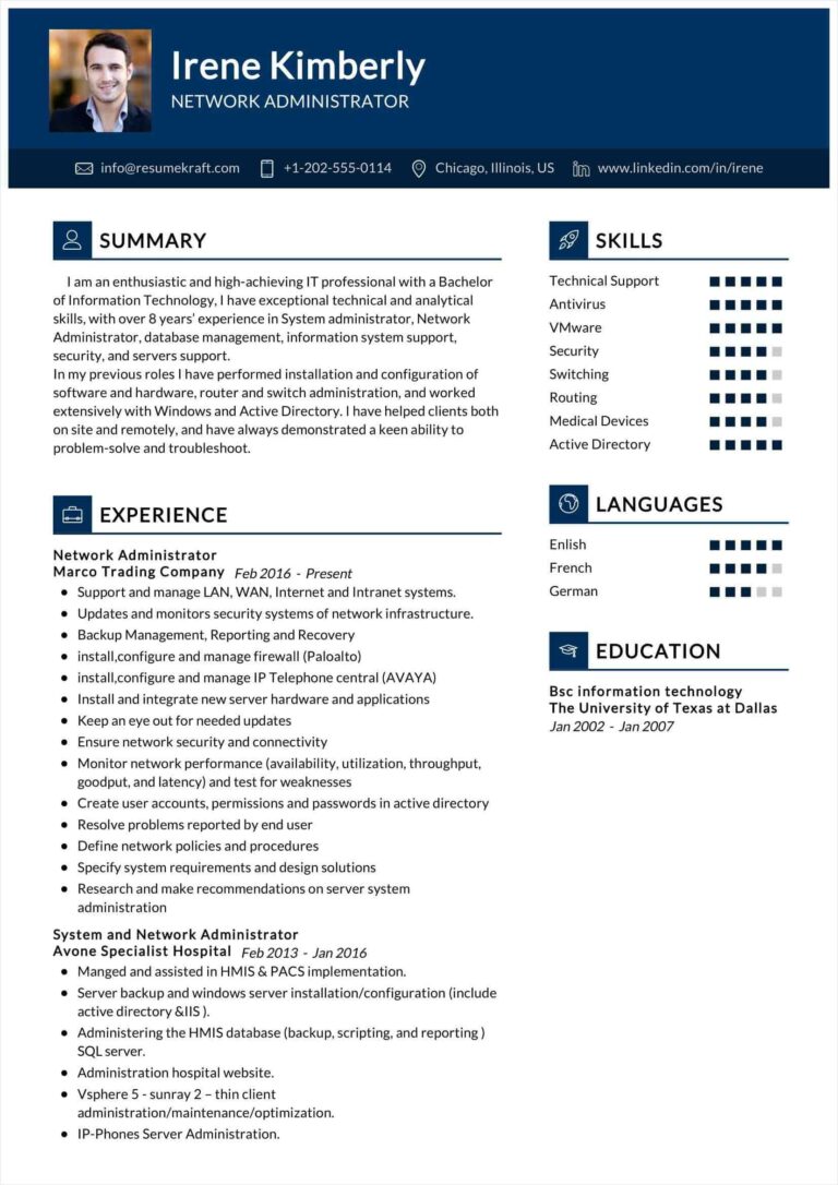 Free Printable Network Administrator Resume Template