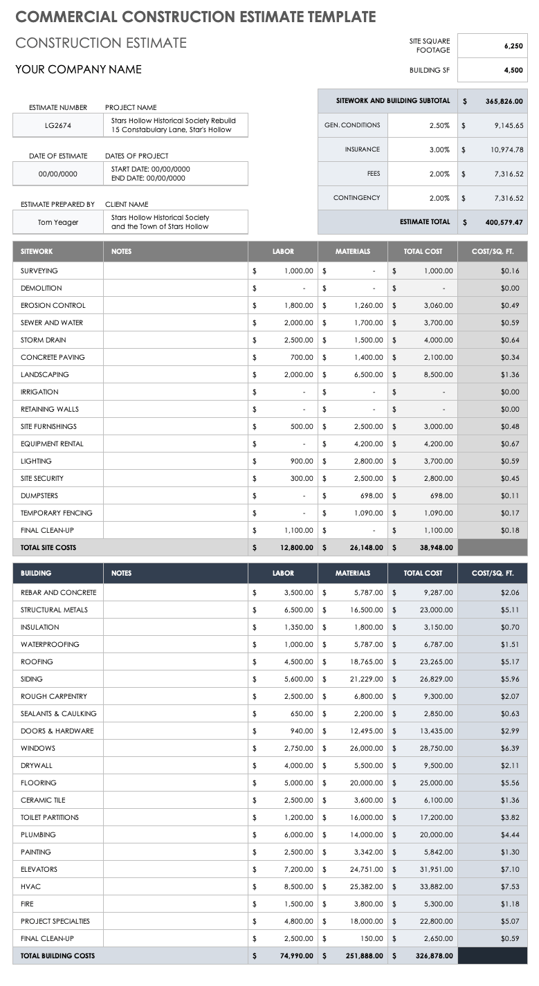 sample building estimate template sample building estimate template