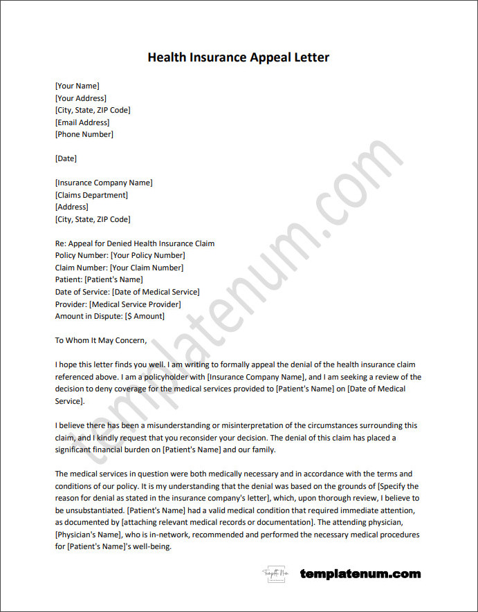 Effortlessly draft your health insurance appeal letter with our template. Appeal denied medical claims, insurance coverage, and claims review effectively. Save time and secure your healthcare coverage.
