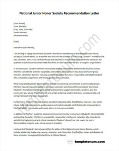 National Junior Honor Society Recommendation Letter Template