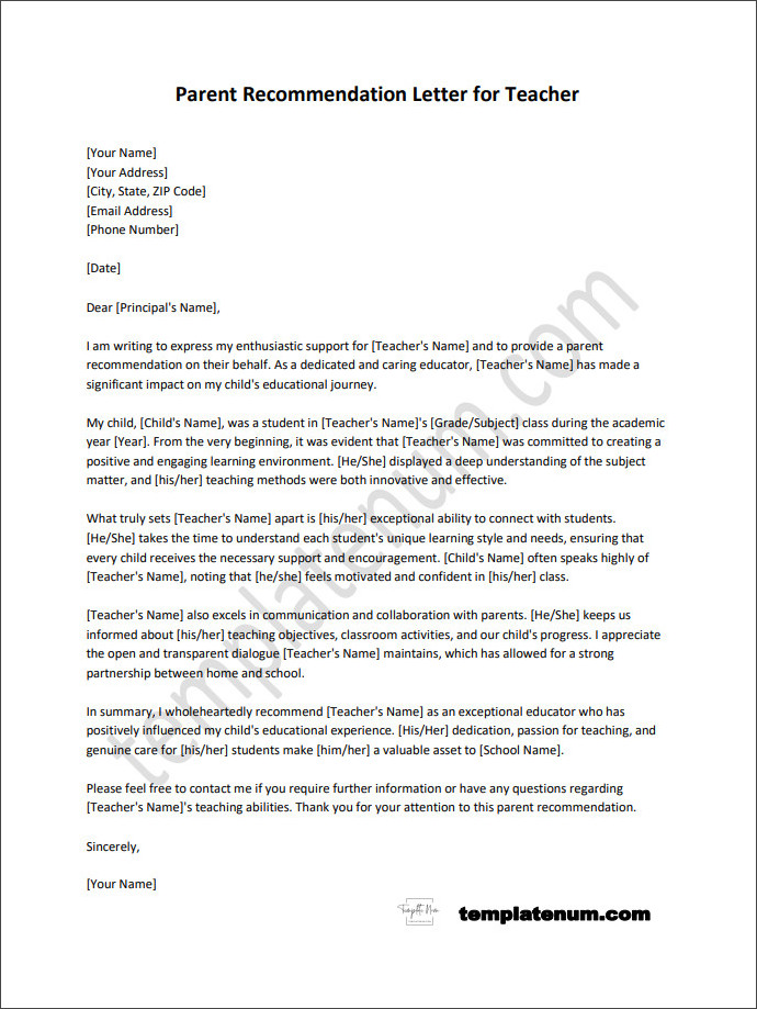 Optimized layout and structure of a parent recommendation letter for teacher template for better readability