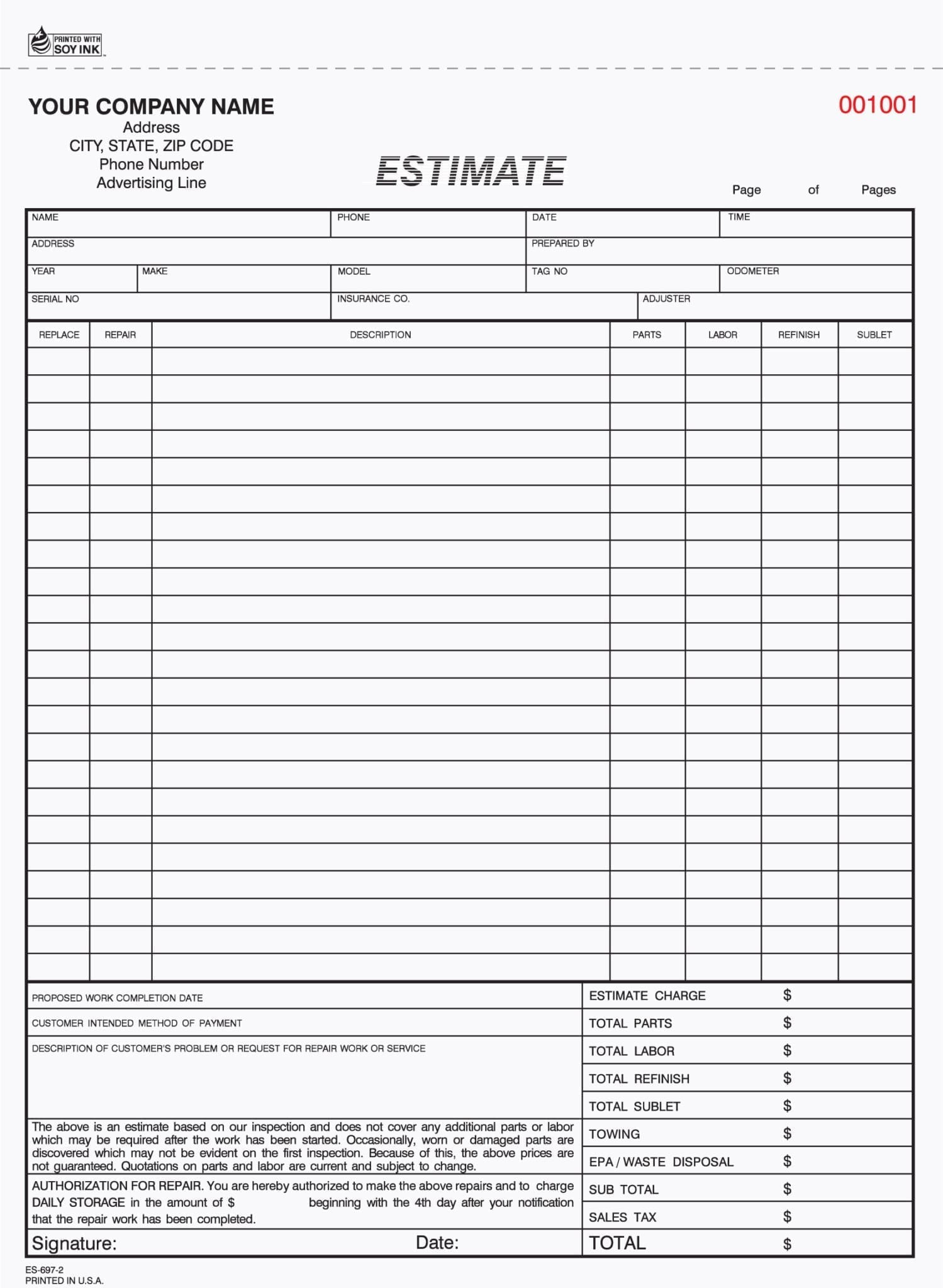 Printable Mechanic Estimate Template