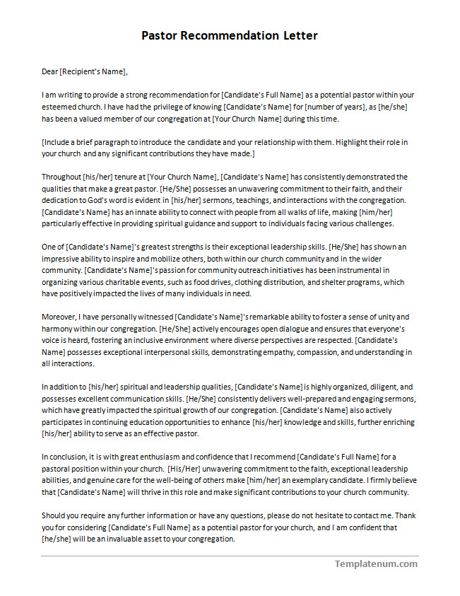 Optimized layout and structure of a pastor recommendation letter template for better readability