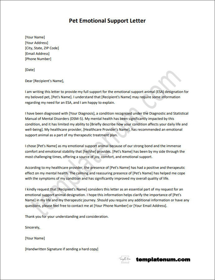 Pet Emotional Support Letter Template With Sample 