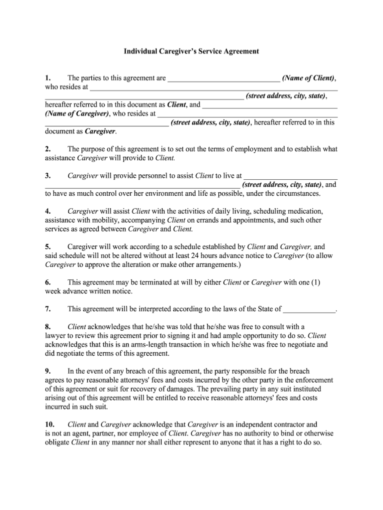 Printable Caregiver Agreement Template - Printable Caregiver Agreement Template Sample 768x1021 