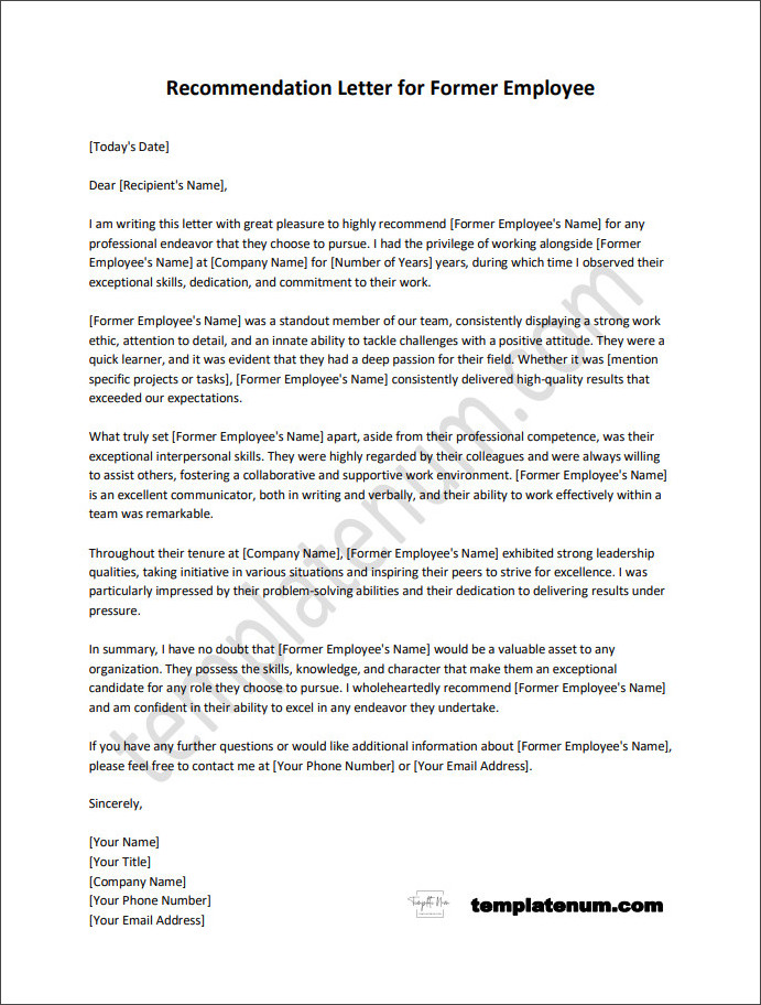 Recommendation Letter Template for Former Employee Recommendation Letter Template for Former Employee