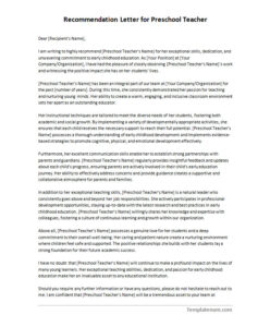 Recommendation Letter Template for Preschool Teacher