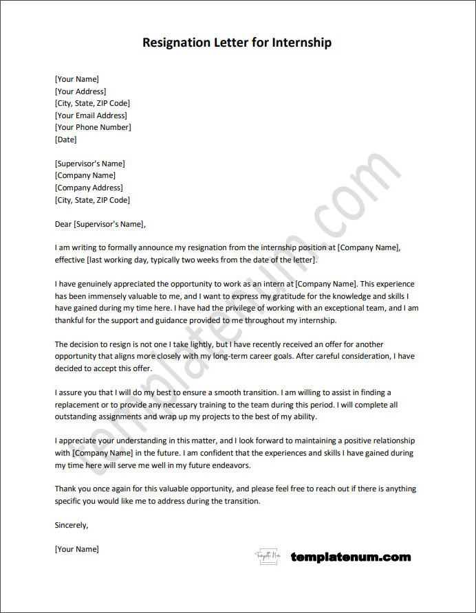 Optimized layout and structure of a resignation letter for internship template for better readability
