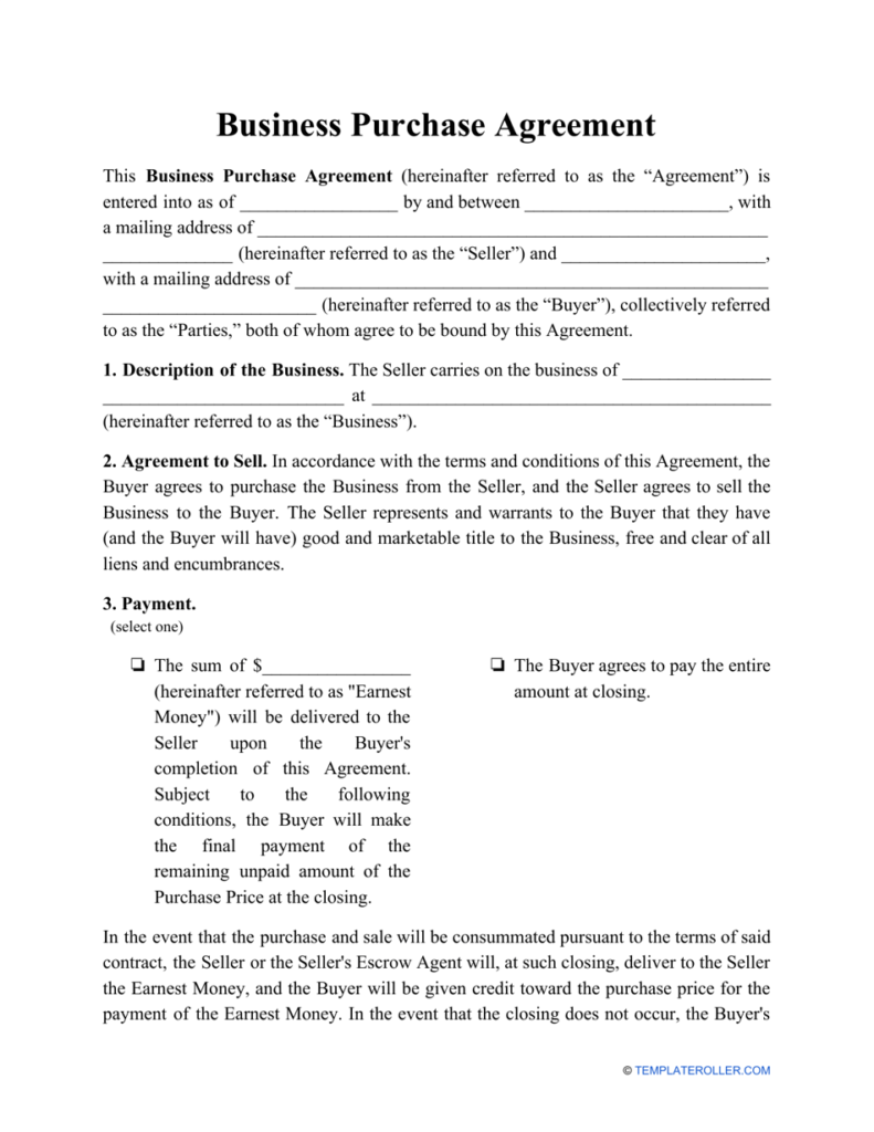 Business Purchase Agreement Template