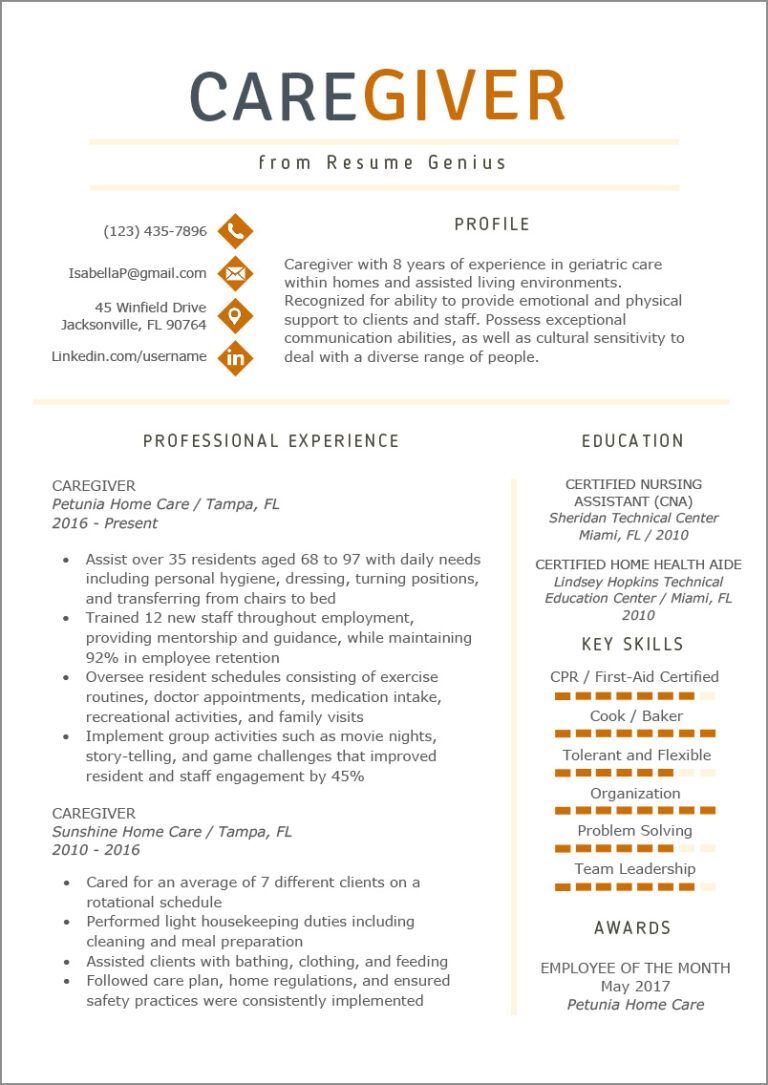 Free Printable Caregiver Resume Template
