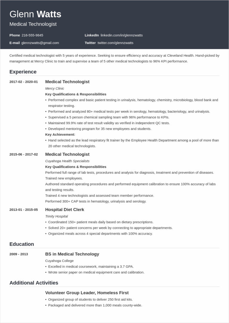 Free Printable Medical Technologist Resume Template