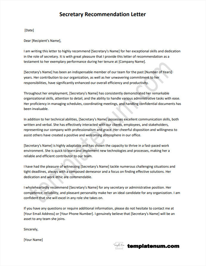 Looking for a secretary recommendation letter template? Craft a compelling recommendation for your secretary with our professionally designed template.